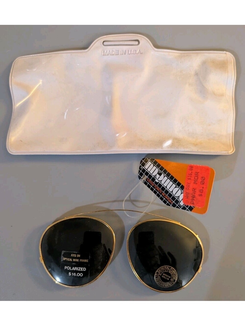 Vintage Bonneau Polarized Clip On Sunglasses Aviator Wire Frame NOS Phar Mor